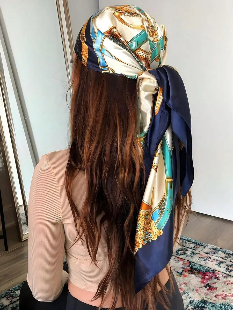 

1pc Women's Satin Square Silk Scarf 90x90cm For Summer Travel Holidays, Street Style And Multiple Uses Like Headband, Hair Acces