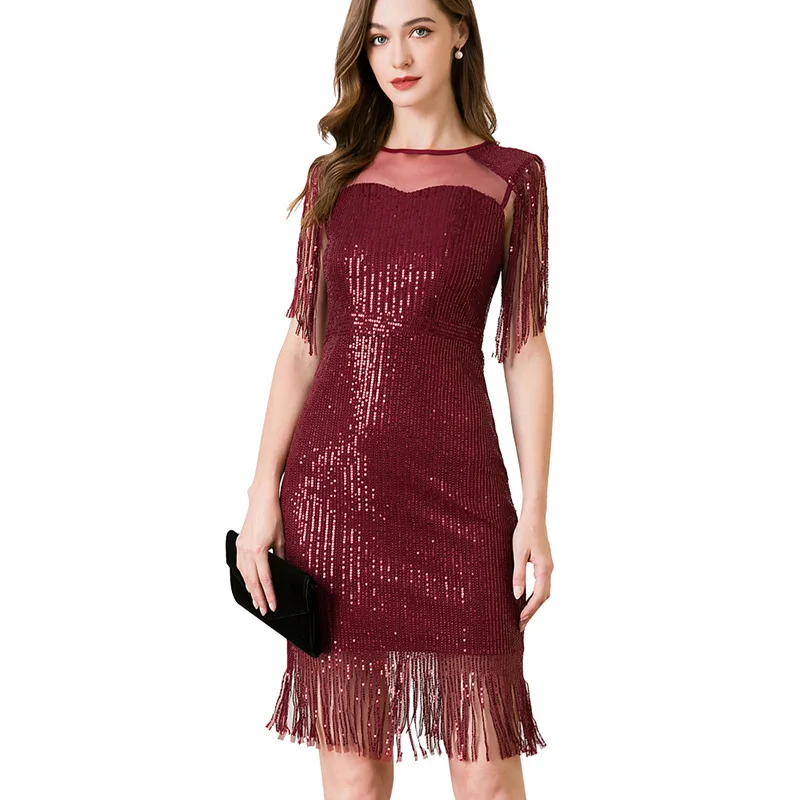

Chic High-waisted Slim-fitting Sequined Fringed Round Neck Mesh Tube Top Short Party Dress