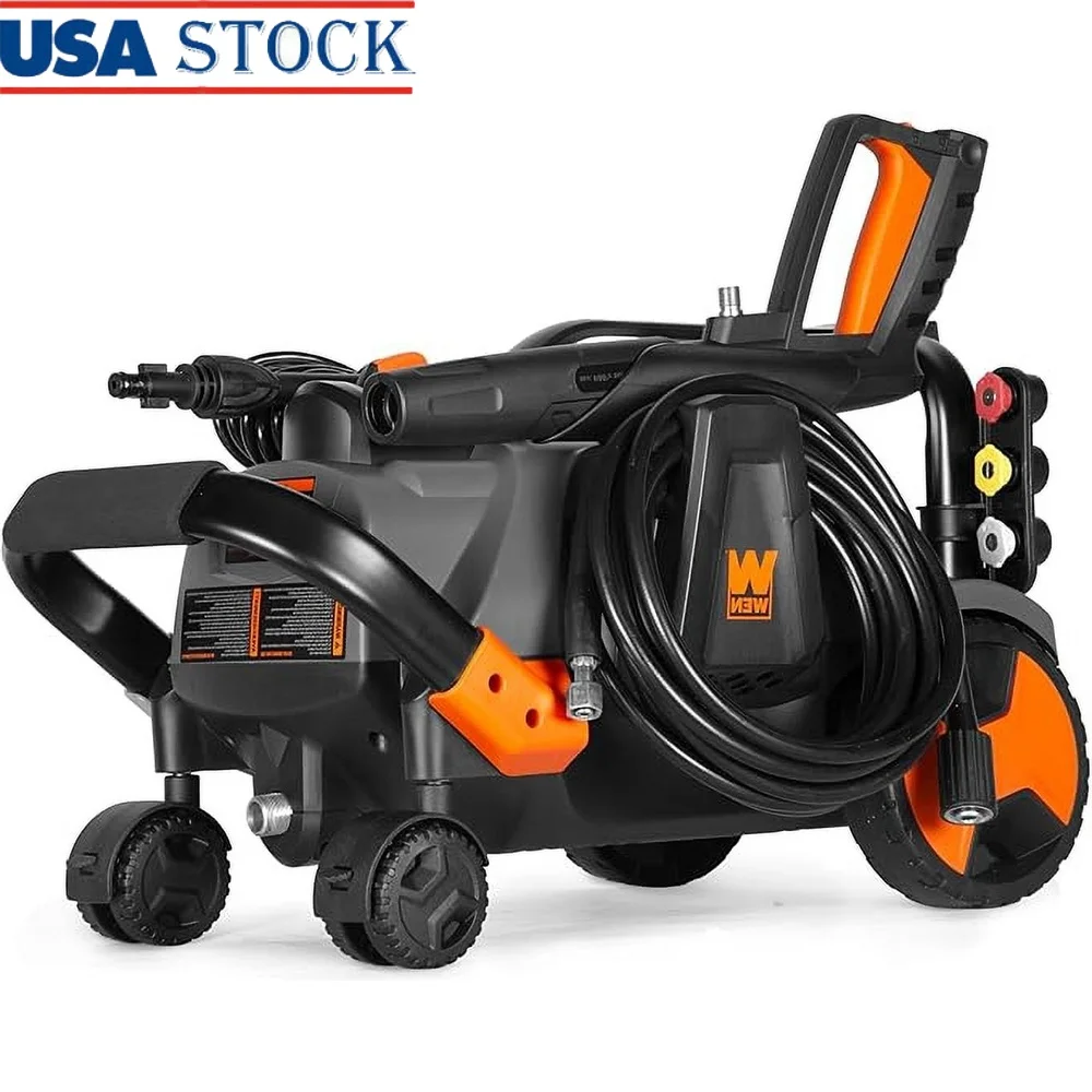 

2200 PSI Electric Pressure Washer 13 Amp Motor 1.65 GPM 20ft Hose 35ft Power Cord Soap Tank 3 Nozzles Compact Design