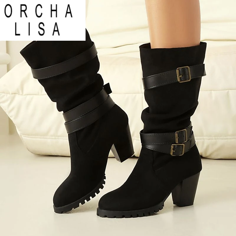 

ORCHA LISA 2025 Женские сапоги до середины икры с круглым носком и блочным каблуком 6,5 см, без шнуровки с пряжкой на ремне, большие размеры 45, 46 47 48 Fashion Dating Bota