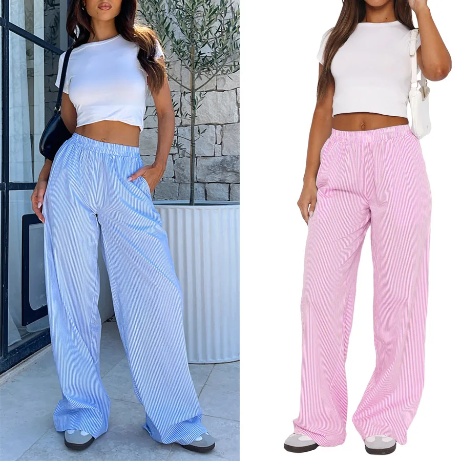 Y2K Striped Print Long Pant Women Elastic Waist Wide Leg Pants Fashion Casual Cotton Straight Trousers