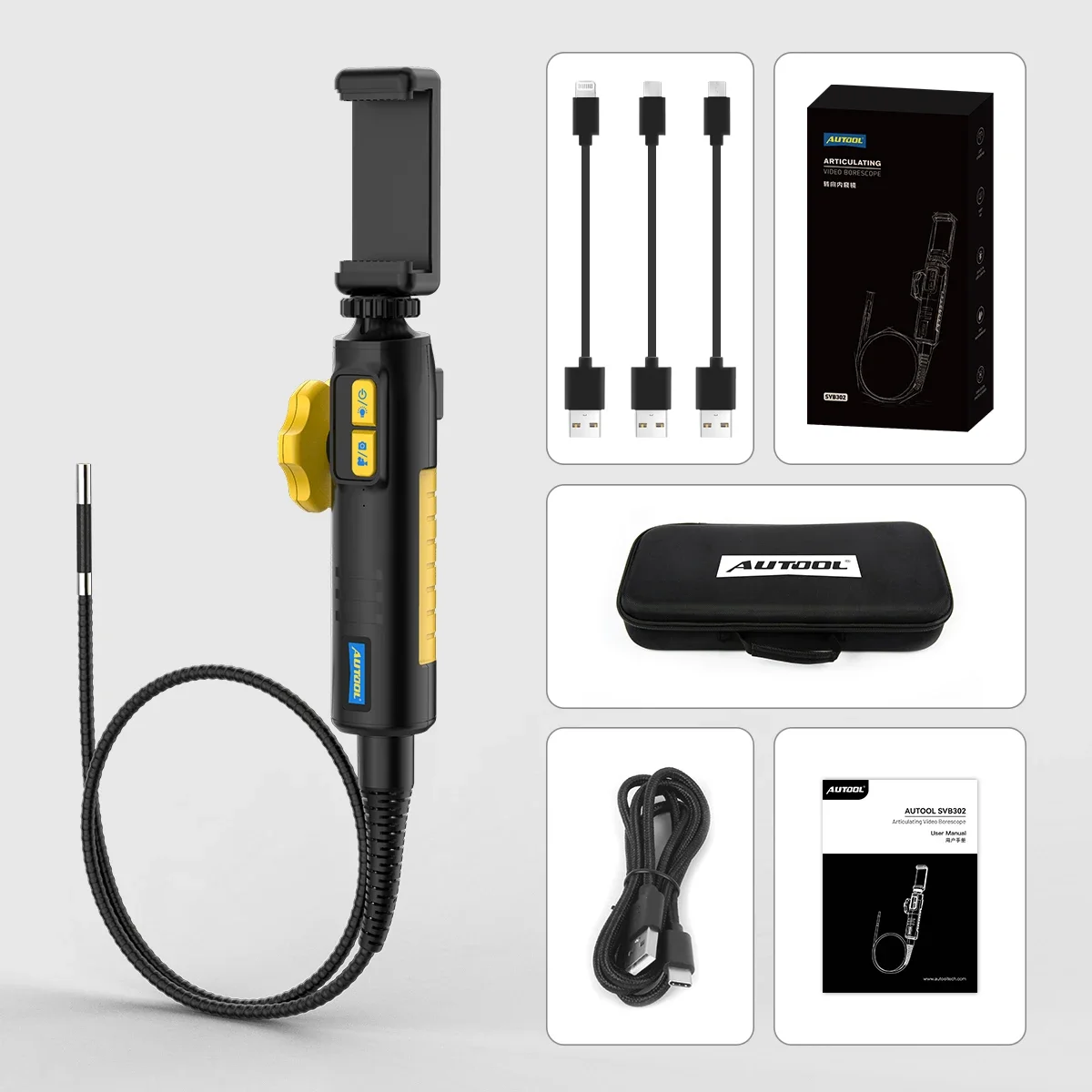 AUTOOL SVB302 Borescope elektrik otomotif, Borescope pipa industri lampu LED tahan air IP67