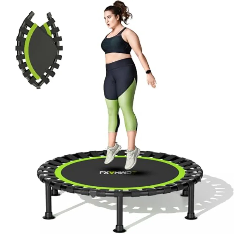 

Indoor fitness workout: foldable mini trampoline in black, steel frame, 440lbs capacity, 36/40/48 inch sizes for adults and kid