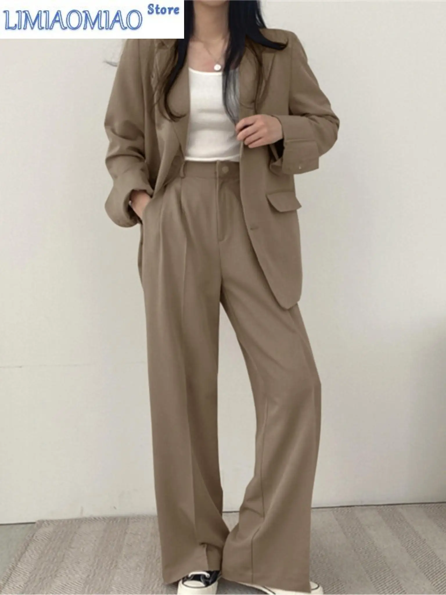 

New Women Korean Blazer Two-Piece Set Office Lady Fashion Work Outfits Button Jacket Wide Leg Pants Suit Autumn Casual Clothes