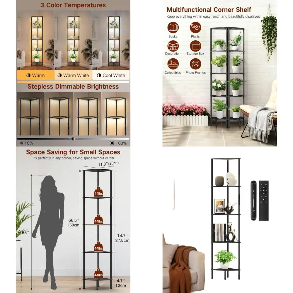 

5-уровневая угловая полка со светодиодной подсветкой и сенсорным управлением и дистанционным управлением, регулируемая яркость, 3 цветовых режима, 1-часовой таймер для гостиной S