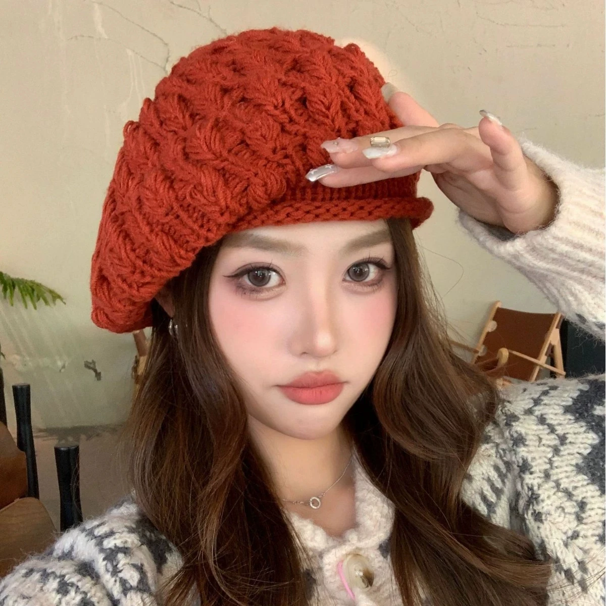 

New Women's Elegant Solid Yarn Crochet Hat Handmade Ladies Knitted Berets Hat Cotton Hollow Berets