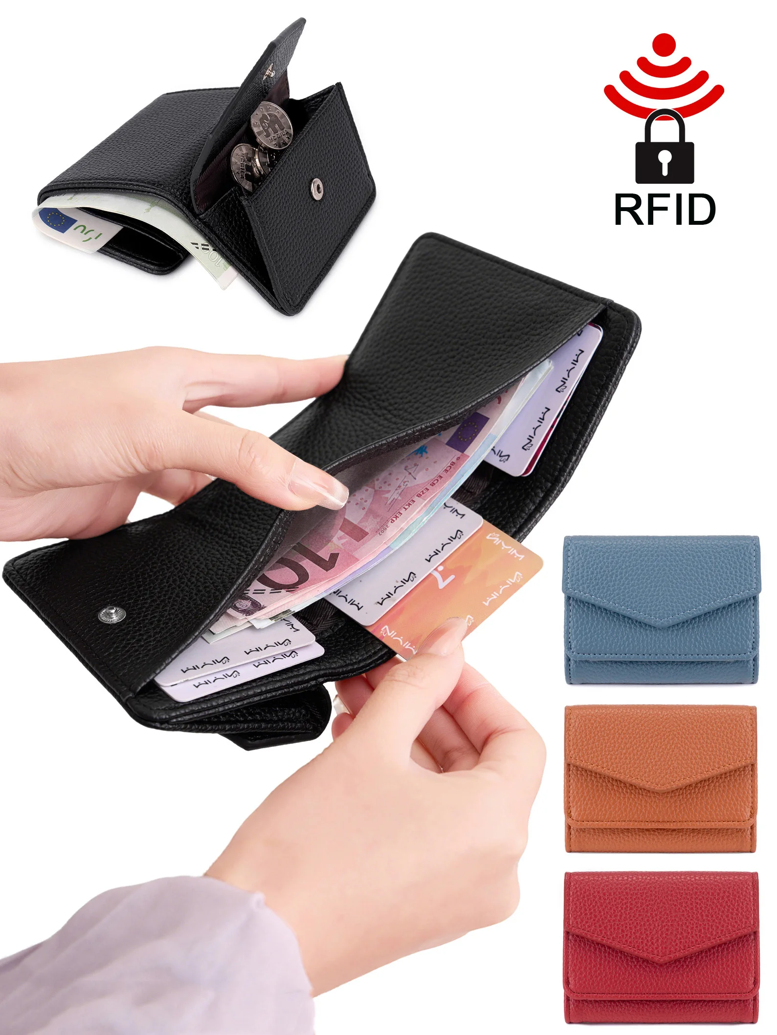 LycheePatterned Kleine Damen-Geldbörse mit RFID-Schutz, multifunktionale, faltbare Geldbörse, hochwertiger Mini-Kreditkartenhalter aus PU-Leder