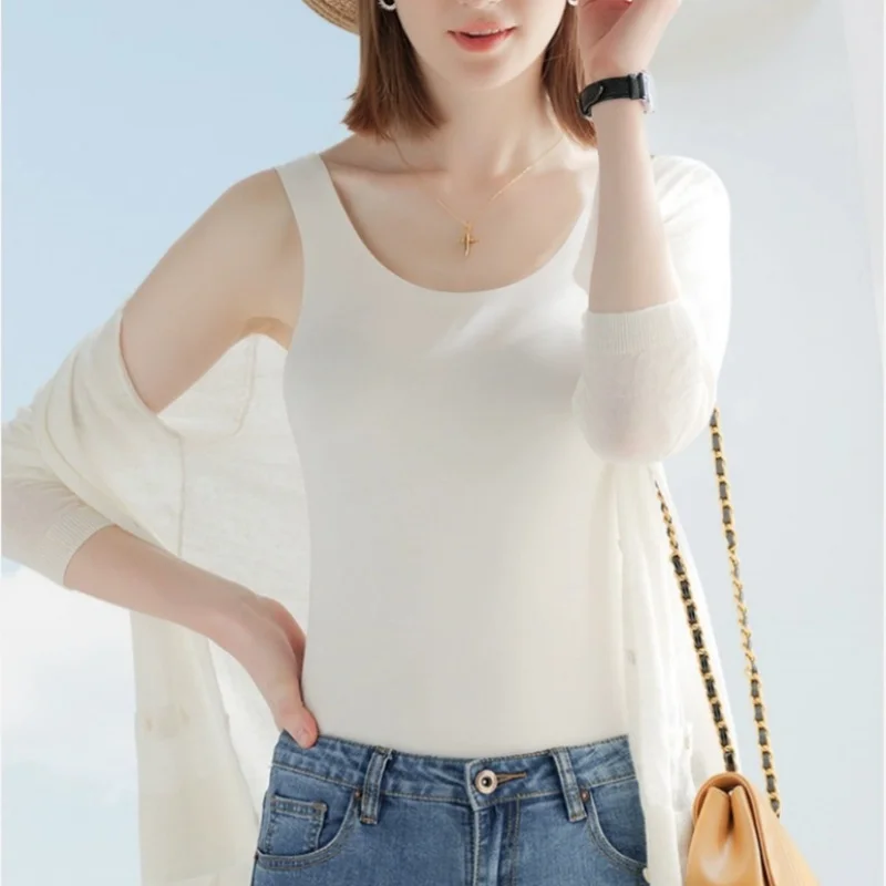 2024 Summer Ice Silk Tank Tops Seamless Tanks Camis Women\'s Sleeveless Shirt Plus Size Tank Tops Basic Thin Bottoming Undershirt
