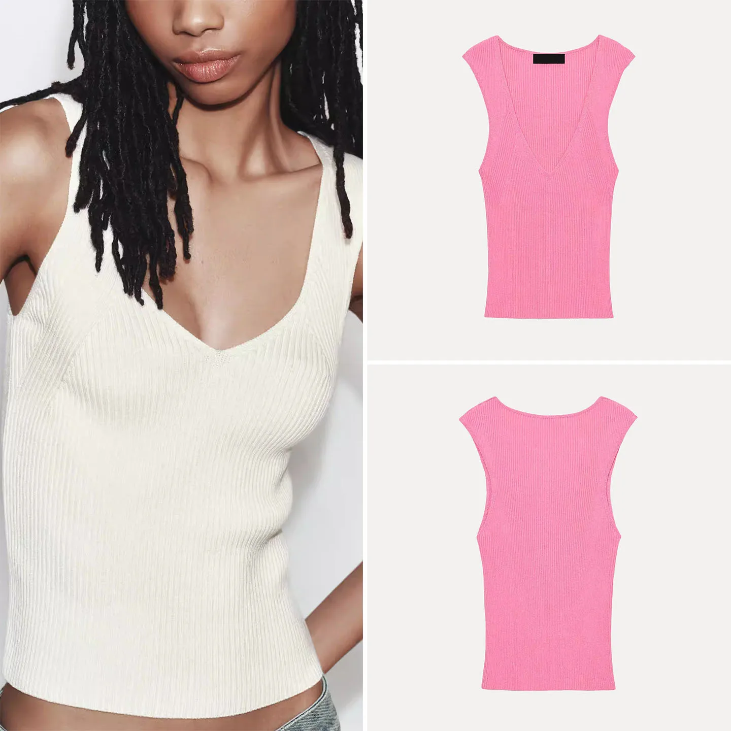 Slim Fit Knitted Vest Sleeveless V-Neck Ribbed Casual Top Women's Fashion Spring New Arrival ZADATA Brand H-Shape Outerwear