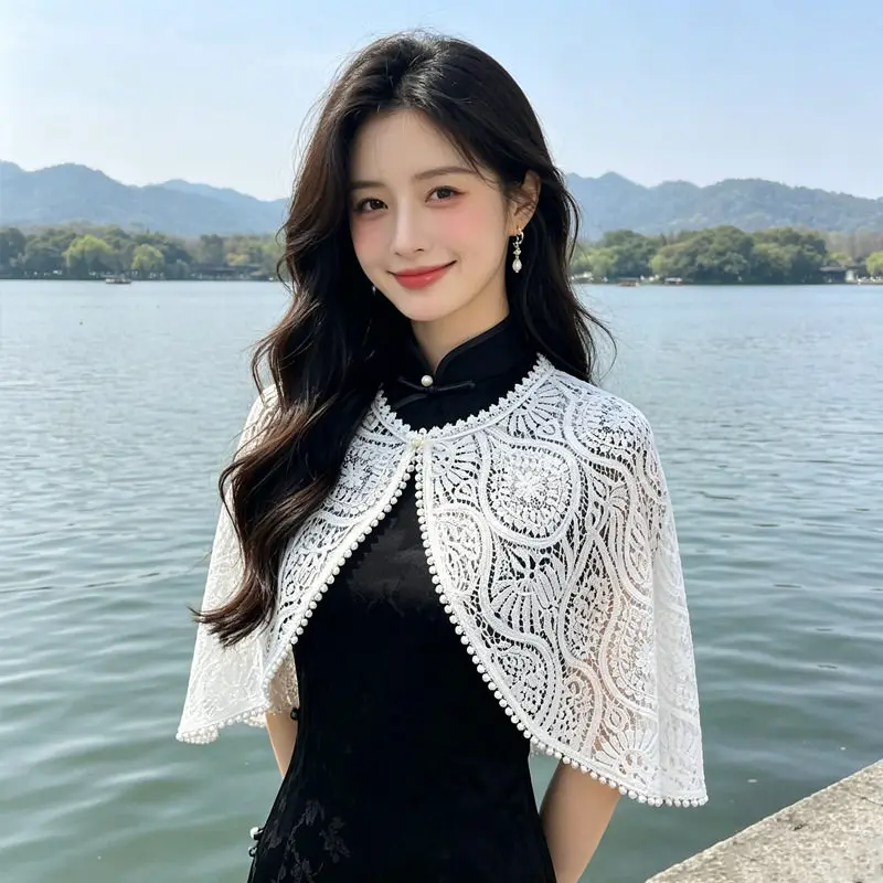 Vintage New Chinese Style Lace Pearl Trim Lightweight Summer Cape Shrug For Women Qipao Dresses Wedding Party Evening Cover Up