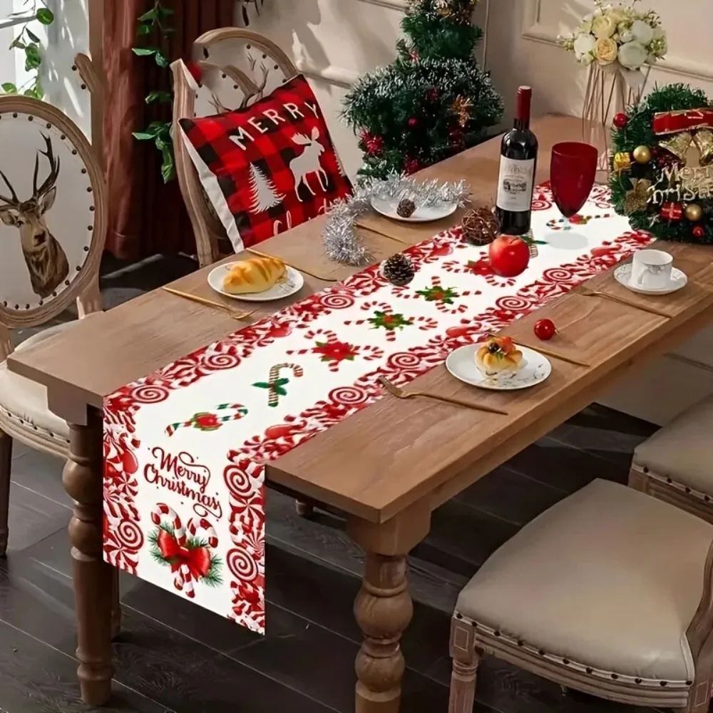 Christmas Candy Cane Bow Print Linen Table Runner Party Decor Xmas Kitchen Dining Table Runners Dresser Scarf Navidad Decoration