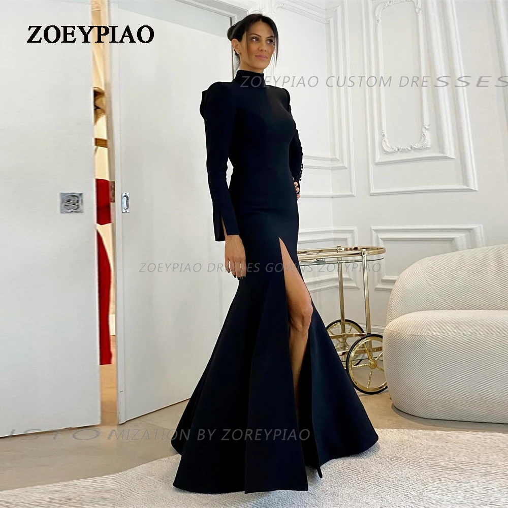 

2023 Unique Black Mermaid Evening Dresses Gowns Side Slit Satin Long Sleeves Prom Party Gown Vestido De Fiesta De Boda