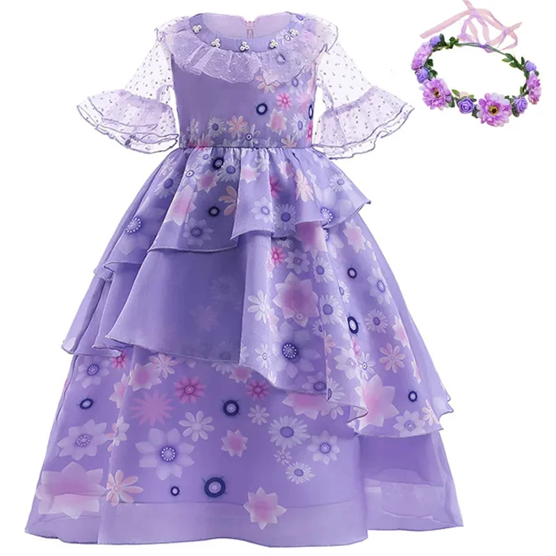 Encanto Floral Baby Girls Princess Dresses+Garland+Bag Carnival Isabella Easter Cosplay Costume Christmas Party Outfits 3-12 Yrs