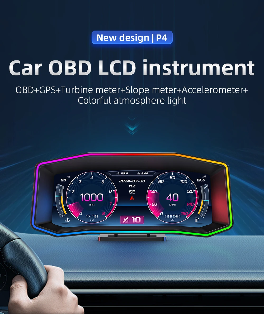 multi-language Head-up Display WiiYii Newest P4 OBD2+GPS Auto Meter Large 7.73 Inch HD Screen HUD Car Gauge with multi-alarms