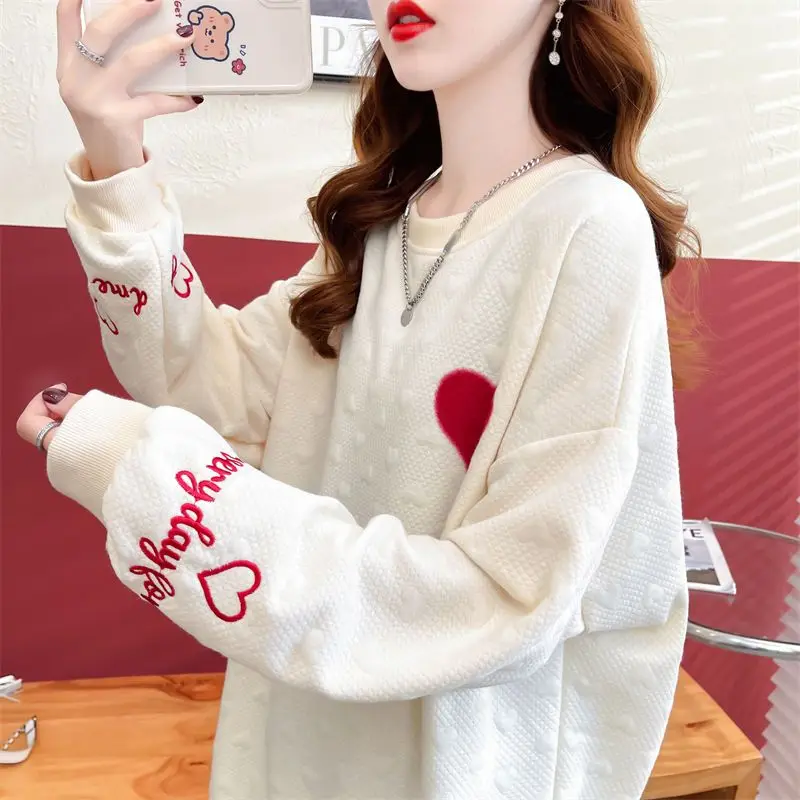 Spring Autumn Thin Letter Embroidery Loose Casual Hoodies Long Sleeve Solid All-match Pullovers Fashion Vintage Women Clothing