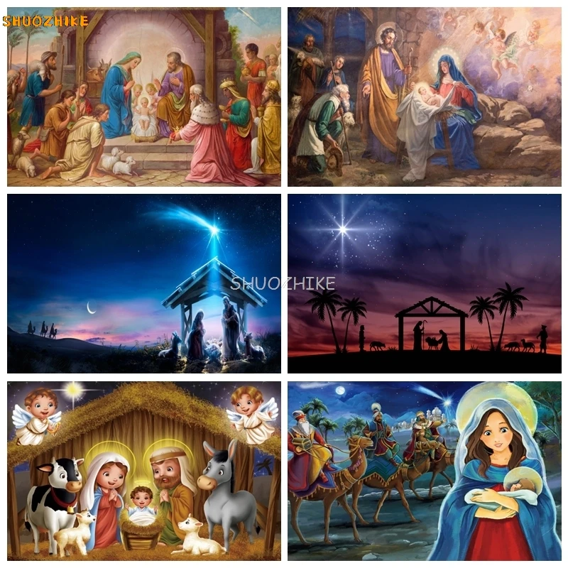 Religious Christmas Manger Scene Backdrop Holy Family Nativity Birth of Jesus Sign Christmas Party Decor Photography Background