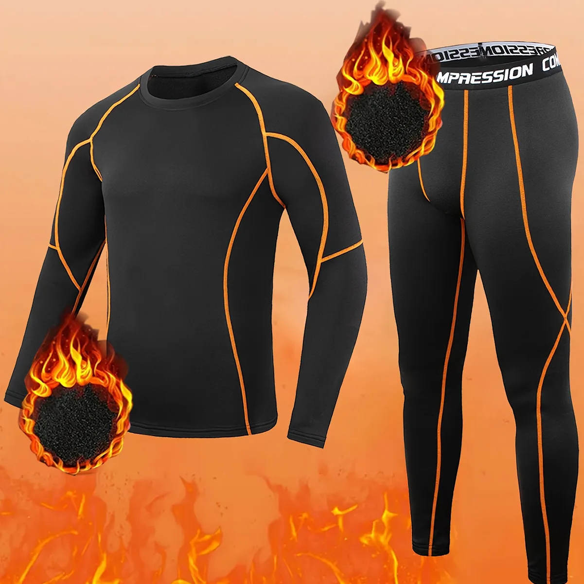 Winter Mens Fleece Athletic 2 Piece Set Gym Workout Running Sportswear Skiing Long Sleeve Compression Shirt Pants Sweatpants