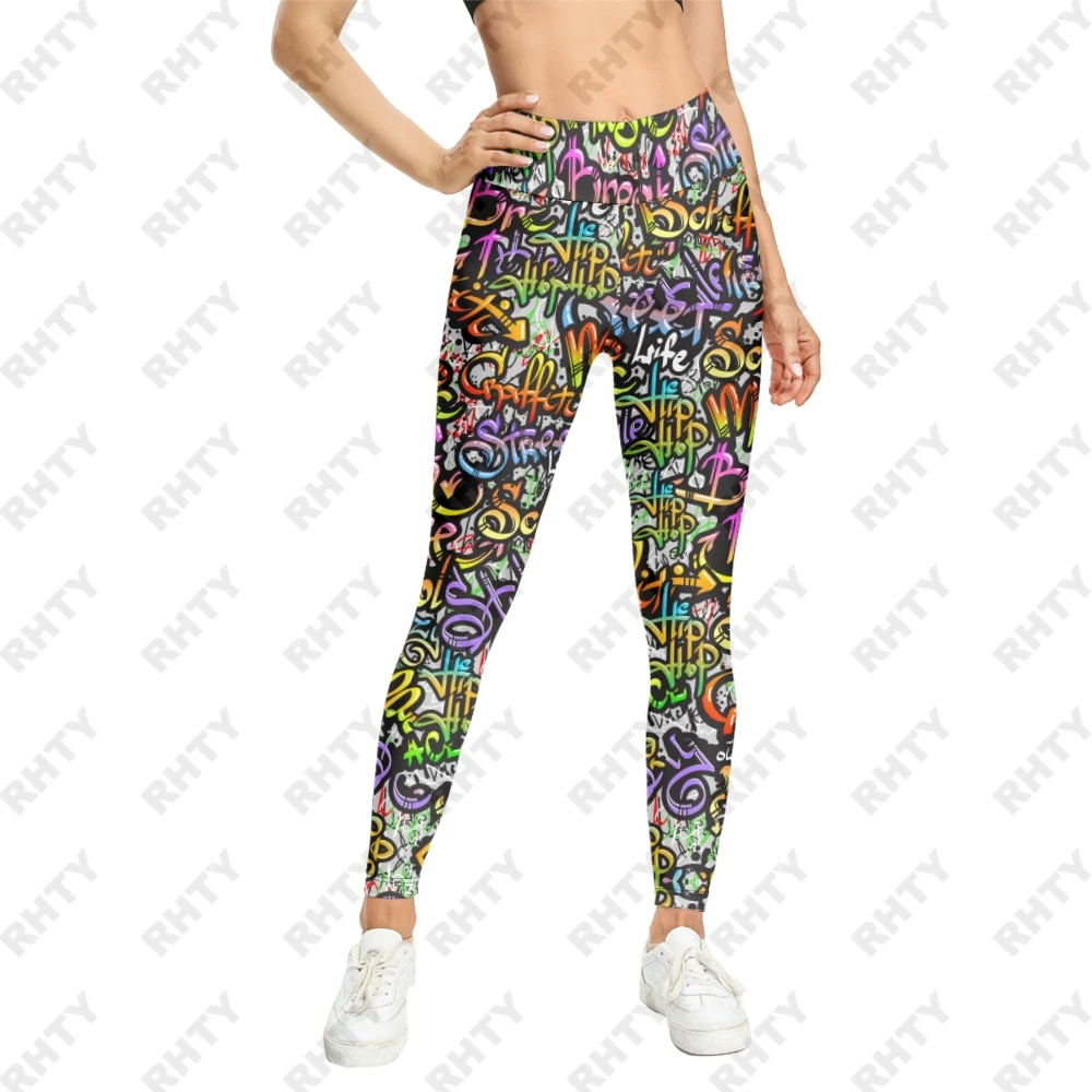 Alphabet Graffiti Quick Dry Leggings for Women, Black Cartoon Head Printed Sports Pants, Yoga Slim Tights, Colorful dehors Fitness