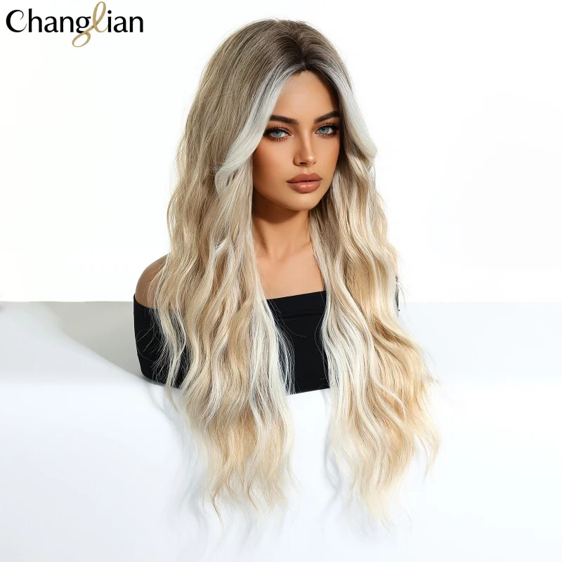 Platinum blonde highlights, large wavy long curly hair with a natural fluffy bangs, full head wig for women