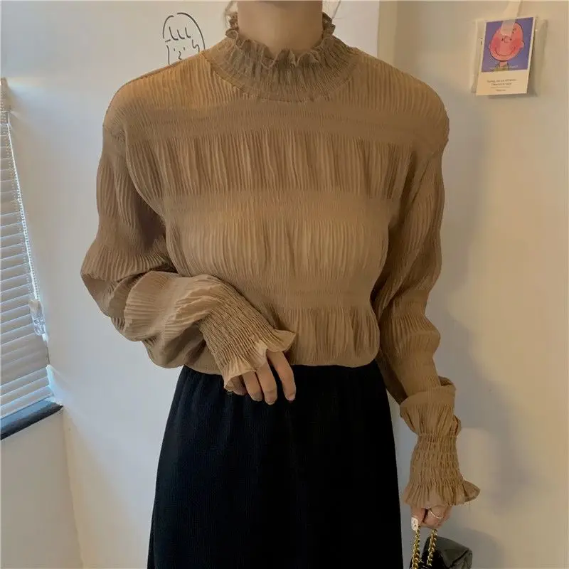 2023 New Spring and Autumn Fashion Commuting Simple Standing Collar Wooden Ear Edge Pleated Loose Casual Versatile Women's Shirt