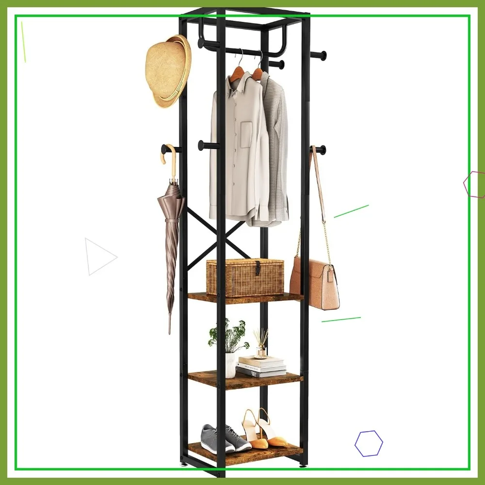 

Freestanding Coat Rack with 3 Shelves and 8 Hooks, Industrial Hall Tree for Entryway, Hallway, Bedroom in Rustic Brown