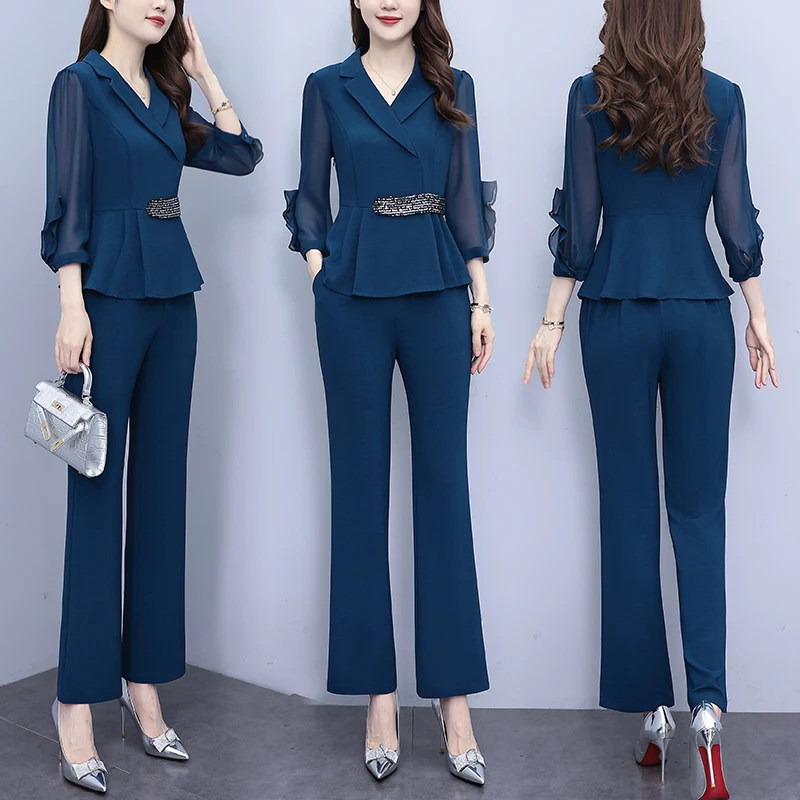 Fashion Oversize Women Pants Set For Spring Autumn 2024 New Elegant Slim Solid Turn Collar Office Lady 2 Pieces Outfits Pantsuit