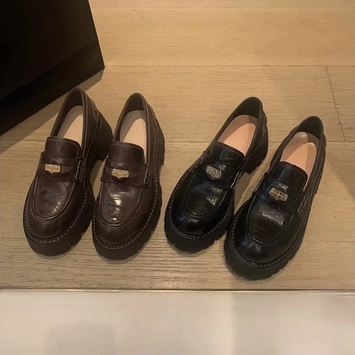 

Women's Fashion Thick-Soled Loafer Pumps Breathable Leather High Heels Solid Color Comfort Casual Zapatos for Ladies All Seasons