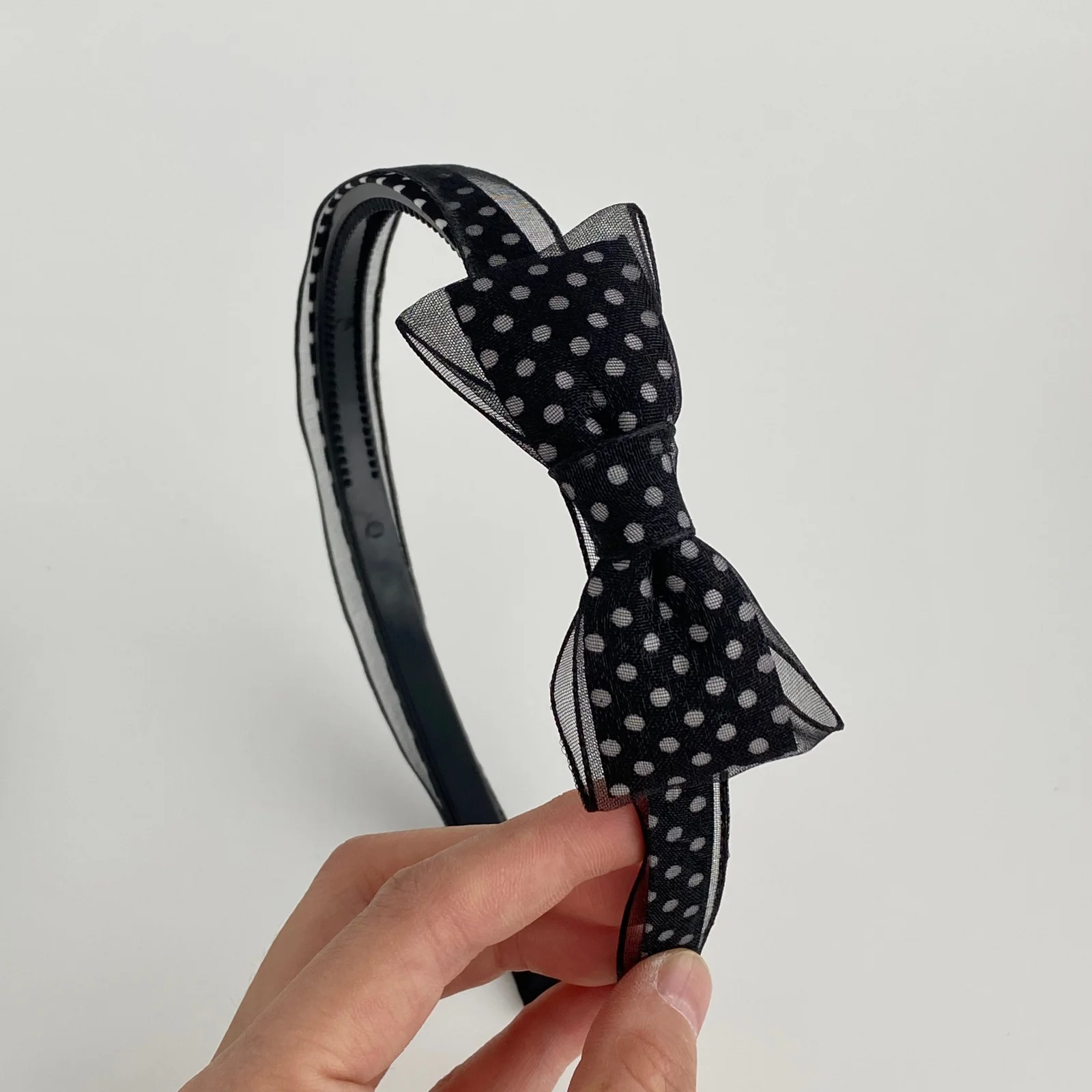 1 Stück Vintage-Stirnbänder mit gepunkteter Organza-Schleife, elegante transparente Netz-Haarreifen, süße, passende Haaraccessoires für den Alltag der Frauen – Detail 8