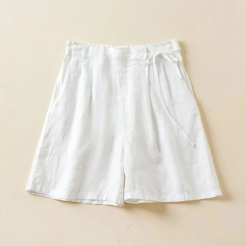 

Summer Cotton Linen Elastic Waist Wide Leg Women's Loose Short Pants Casual Solid Color Lace Up Shorts Women's Clothing LJ493