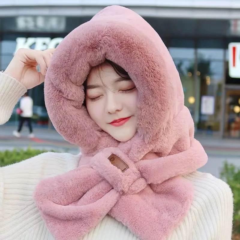 Winter Hand-woven Scarf Velvet Hat Scarf Thicken Hooded Women Plush Neck Warm Russia Outdoor Ski Windproof Hat Fluffy Beanies