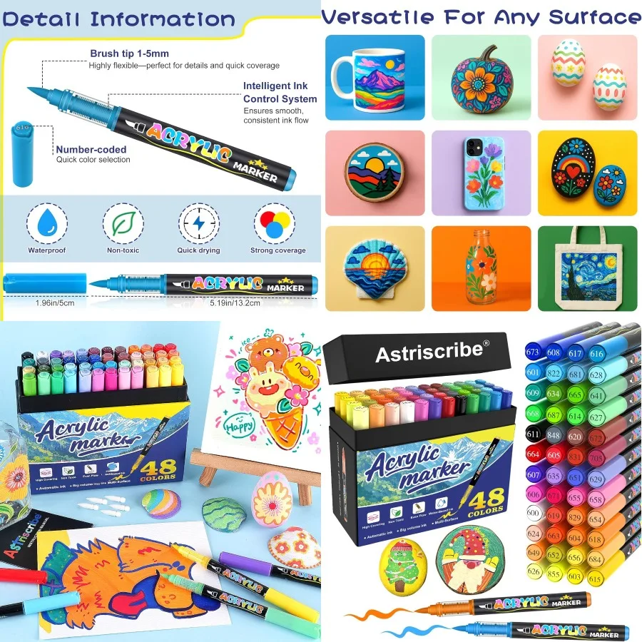 

48 Colors Acrylic Paint Pens Markers with No-Bleed Brush Tip and Automatic Ink Control System for Stone Wood Canvas Ceramic Gla