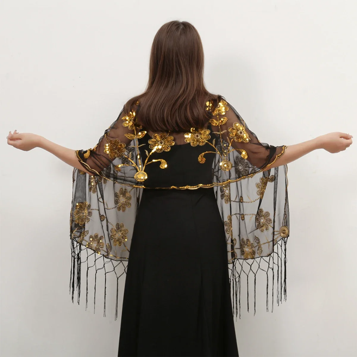 Elegant Embroidery Evening Dress Party Shawl Women Glitter Sequins Mariage Wraps Boleros Shrugs Women Tassel Wedding Shawls Cape