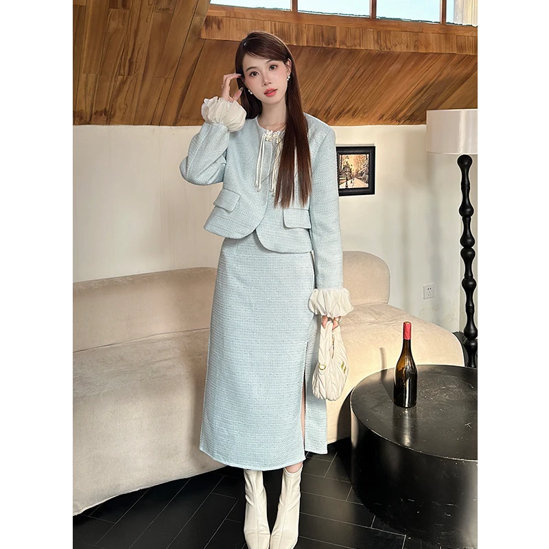 

2024 Fall and Winter New Women Two Piece Skirt Sets Elegant O Neck Long Sleeve Short Jacket + High Waist A Line Skirt Outfits