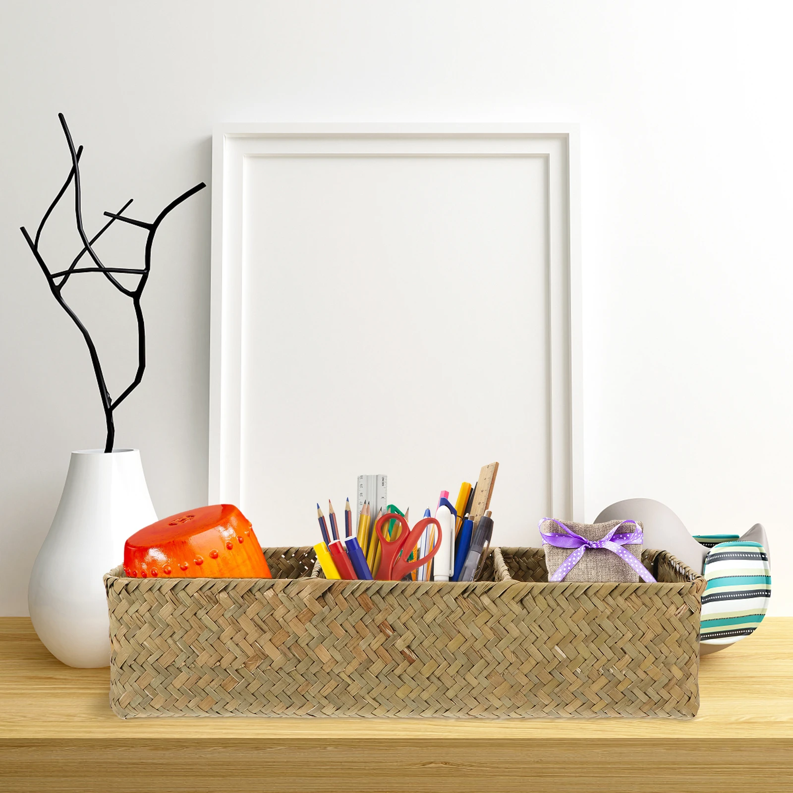 

Divided Wicker Basket Storage Box Rattan Compartment Bins Straw Countertop Coffee Station Organizer
