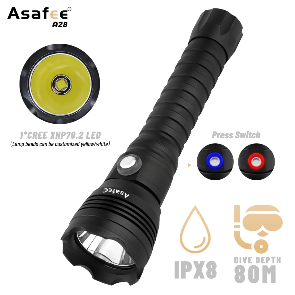 Asafee Deep Diving Flashlight LED Dive Lamp Waterproof Scuba Torch Underwater Lantern Powerful Spearfishing Linterna