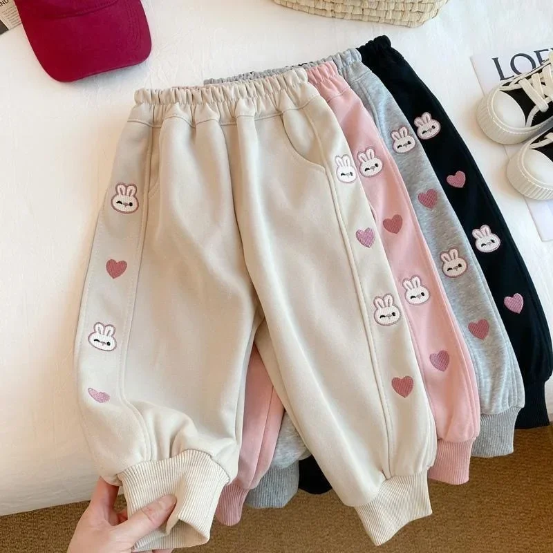 

New 2025 Girls Cute Cartoon Rabbit Embroidery Sweatpants Kids Casual Spring Autumn Sports Pants Long Trousers Child Clothing