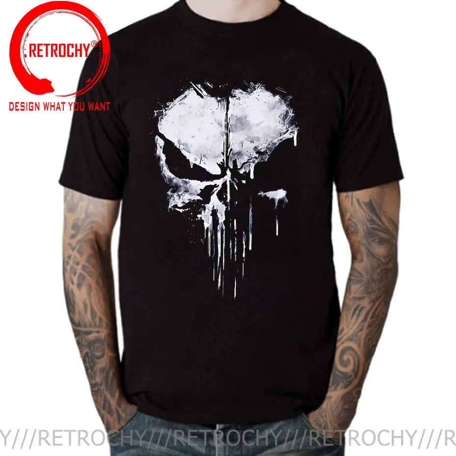 Vintage Distressed Skull T Shirt Men Funny Design Cotton T-Shirt Fashion Clothing Harajuku Tshirt Men's Black Tops Tees Shirt