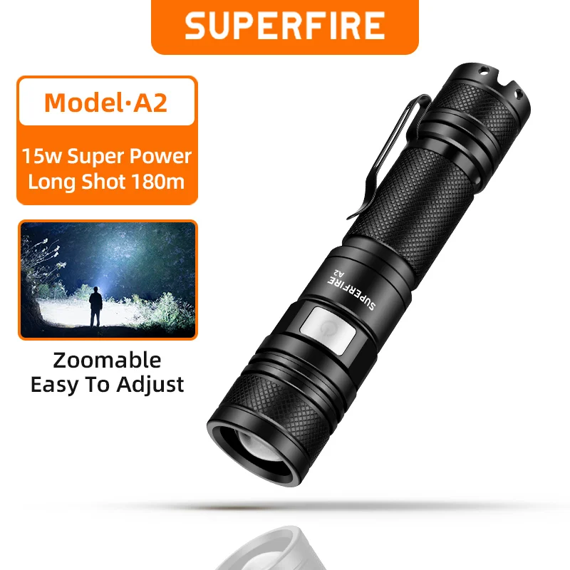 

SUPERFIRE A2 15W Flashlight LED Rechargeable Zoom Torch Light Super Bright Mini Aluminium Alloy Portable Fishing Camping Light