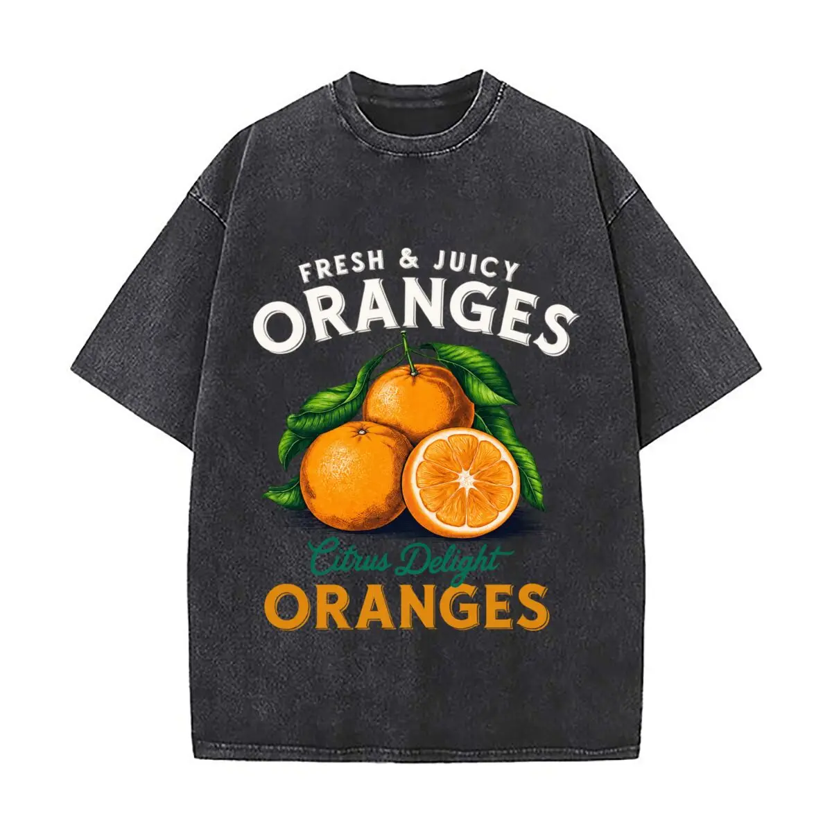 Fresh Juicy Oranges Citrus Delight Fruit Illustration Washed Short Sleeve Loose Streetwear Tee Hip Hop