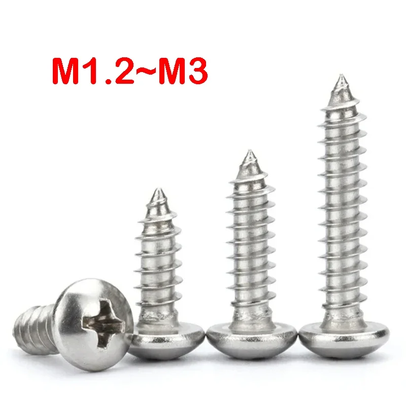 M1.2 M1.4 M1.7 M2 M2.2 M2.6 M3 Phillips Round Head Self Tapping Screw 304 Stainless Steel Mushroom Head Wood Screws
