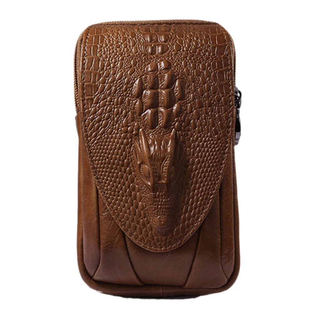 Men Waist Fanny Pack Bag Cell/Mobile Phone Case Cover Genuine Leather Crocodile Grain Vintage Male Hip Bum Belt Bags