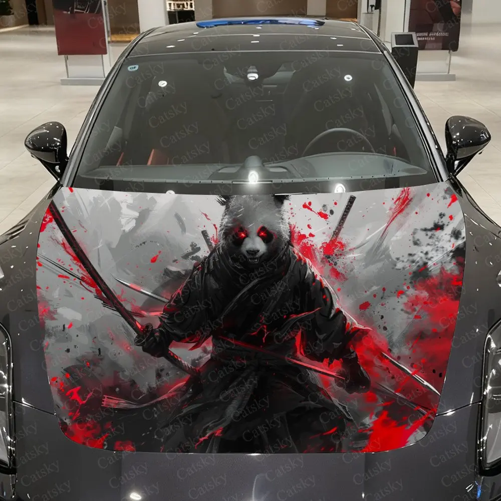 

Red-Black Splash Ink Panda Samurai Car Vinyl Wrap, PVC Material Waterproof Car Hood Sticker, Self-Adhesive Scratch-Resistant Sti