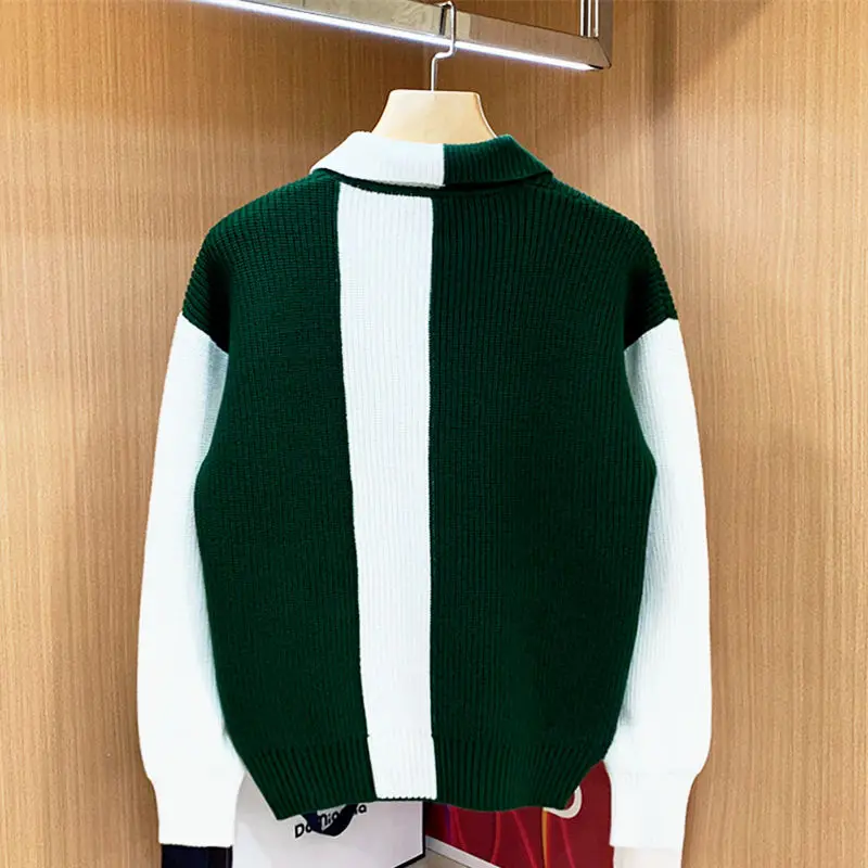 European American Trendy Design Color-blocked Lapel Pullover for Men Casual Personalized Thickened Round Neck Sweaters for Men
