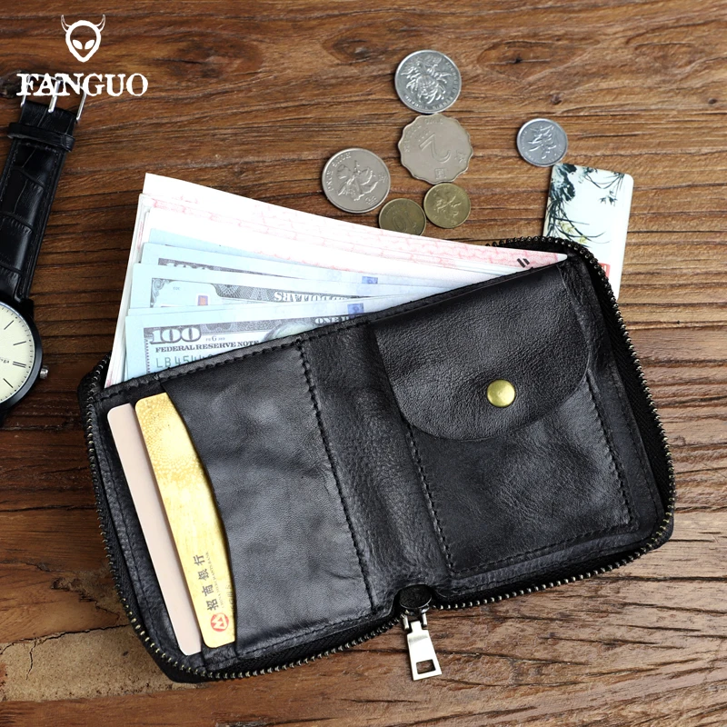 Retro Genuine Leather Short For Women Men Handmade Card Slot With Coin Pocket Small Bifold Zipper Wallet Money Purse Female Male