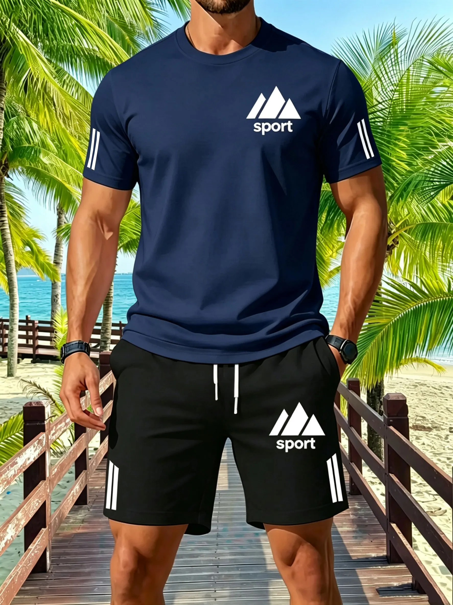 202Men's summer sports short sleeve set, two-piece set, men's summer quick-dry sports set, breathable mesh short sleeve T-shirt