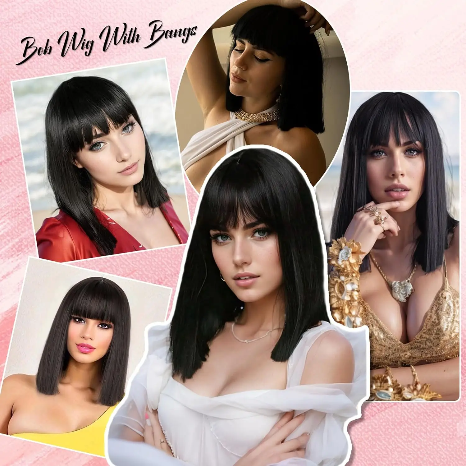 Perruque Bob synthétique noire avec frange, courte et lisse, longueur d'épaule, résistante à la chaleur, pour femmes à la mode