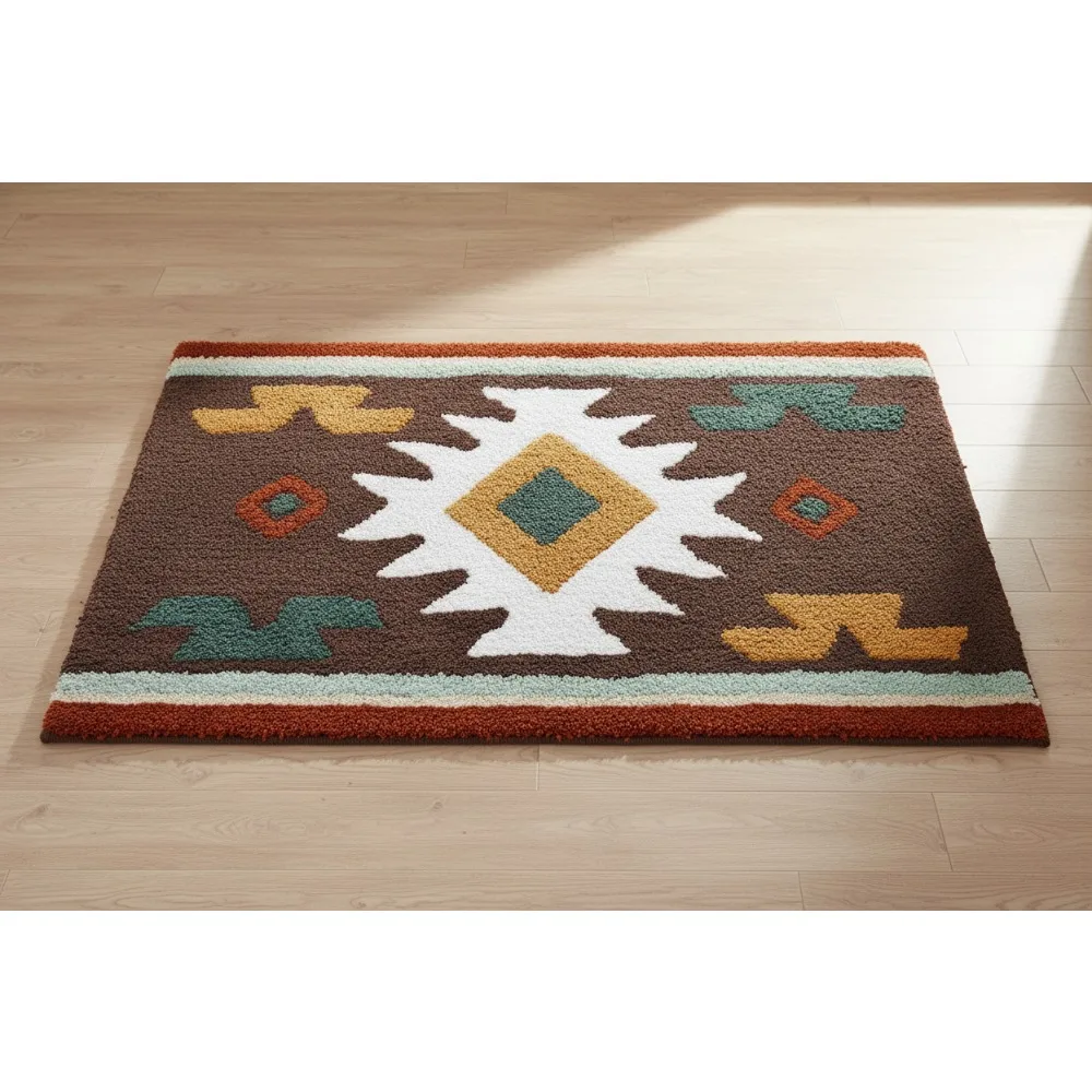 

Aztec Inspired Cotton Bath Mat, Non-Slip Bathroom Rug with Geometric Design, Soft 20x30 Inch for Modern Decor