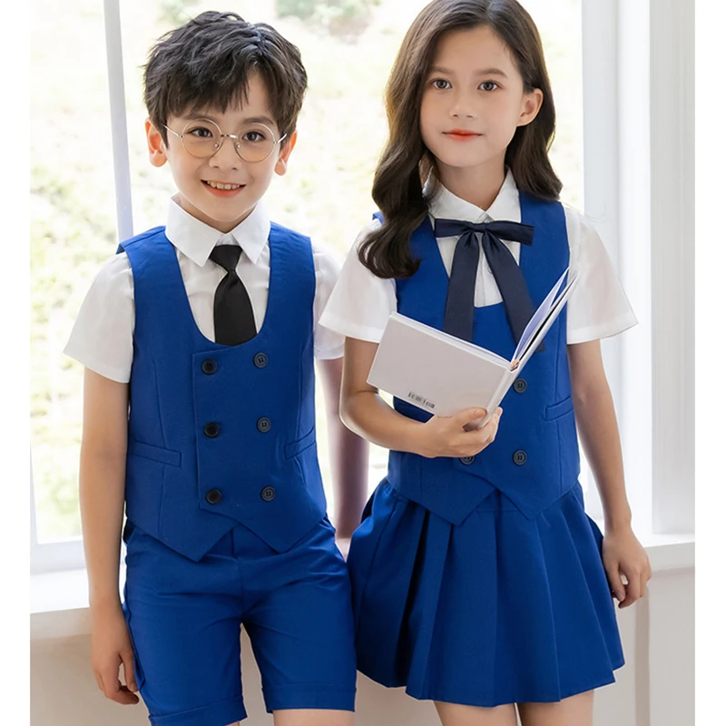 

Boys School Uniform Girls Vest Skirt Shirt Tie Suits Kids Formal Dress Tuxedo Toddler Clothes Sets Child Student Outfits 1-14Y