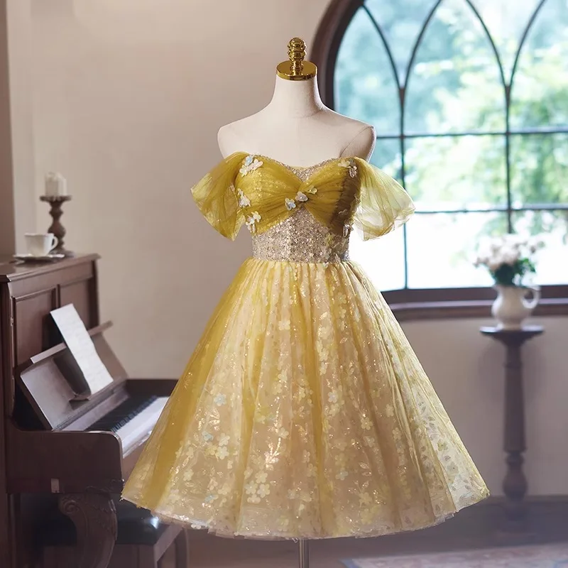 

2025 Autumn New Colorful Gauze Sequins Slimming Champagne Color Vocal Art Exam Host High-end Evening Dress Women's Long Skirt