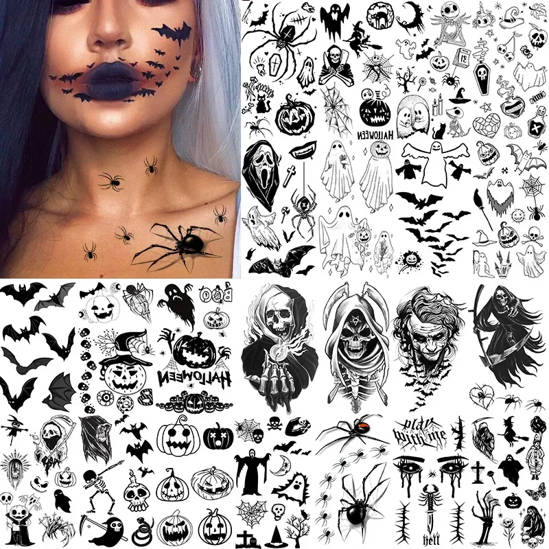 Festliche Tattoo Aufkleber Halloween Schädel Kürbis Fledermaus Design temporäre wasserdichte schweiß feste Tätowierung